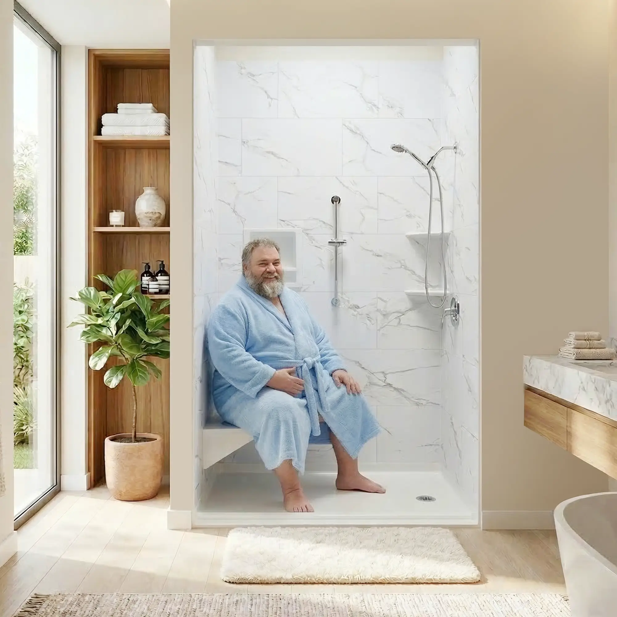 Homeowner in a robe beside a bright, spa-style accessible walk-in shower with a grab bar and built-in seat